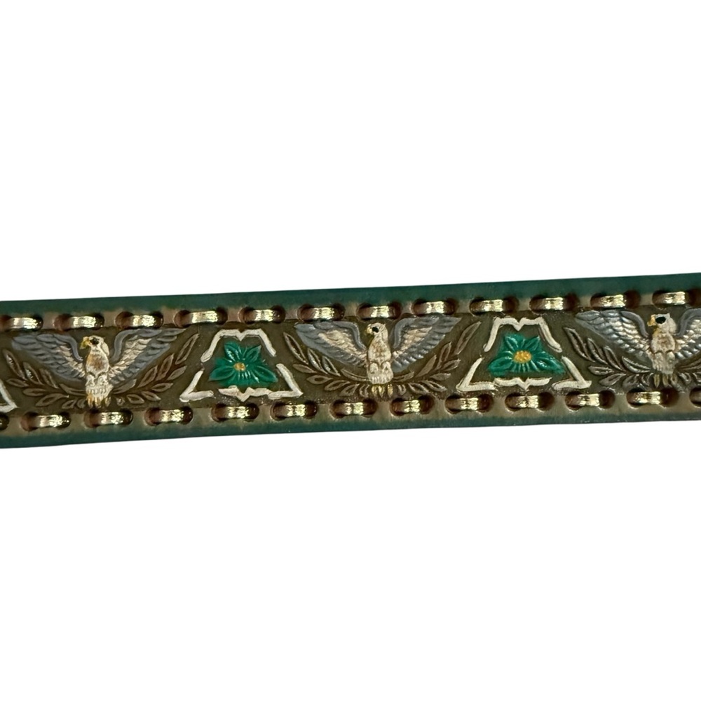 VTG Western Mallory Tooled Whip Stitched Belt Turquoise Green Brown 32, 38, 40 - Picture 6 of 15
